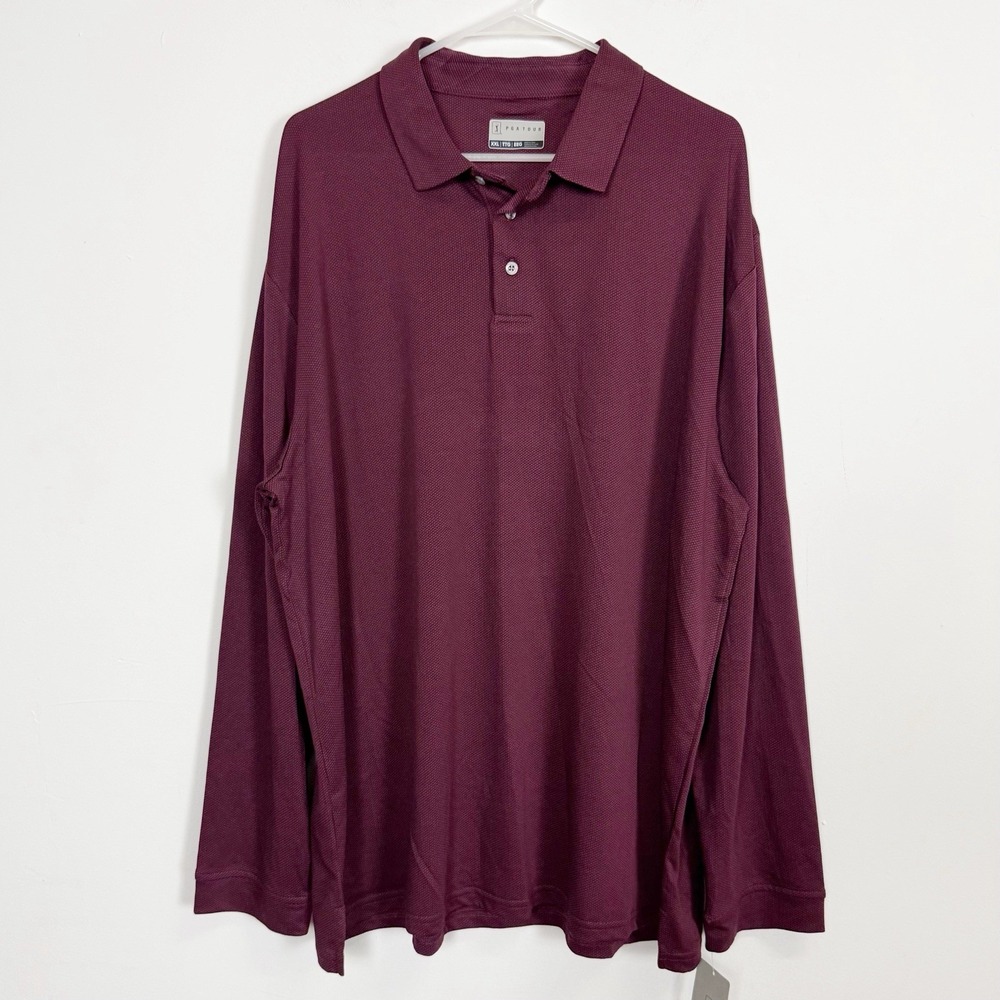 PGA Tour Polo Shirt Mens XXL Maroon Checked Long Sleeve Collared NWT